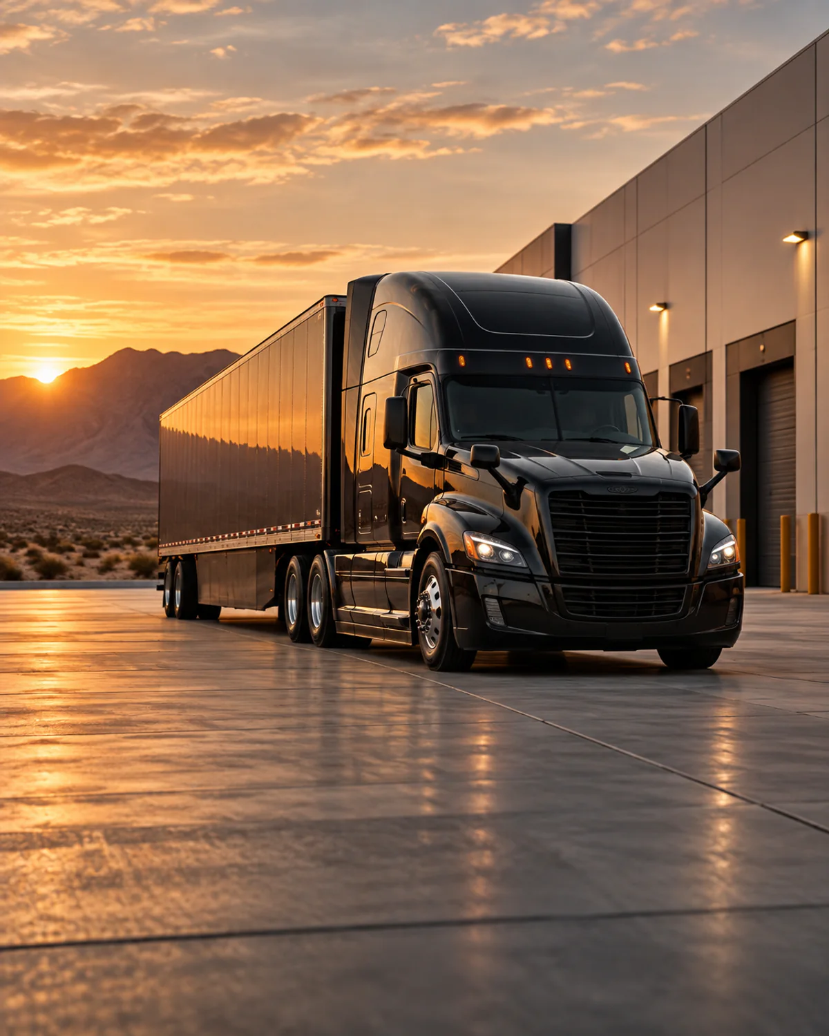 Black semi-truck and trailer prepared at a clean desert logistics facility