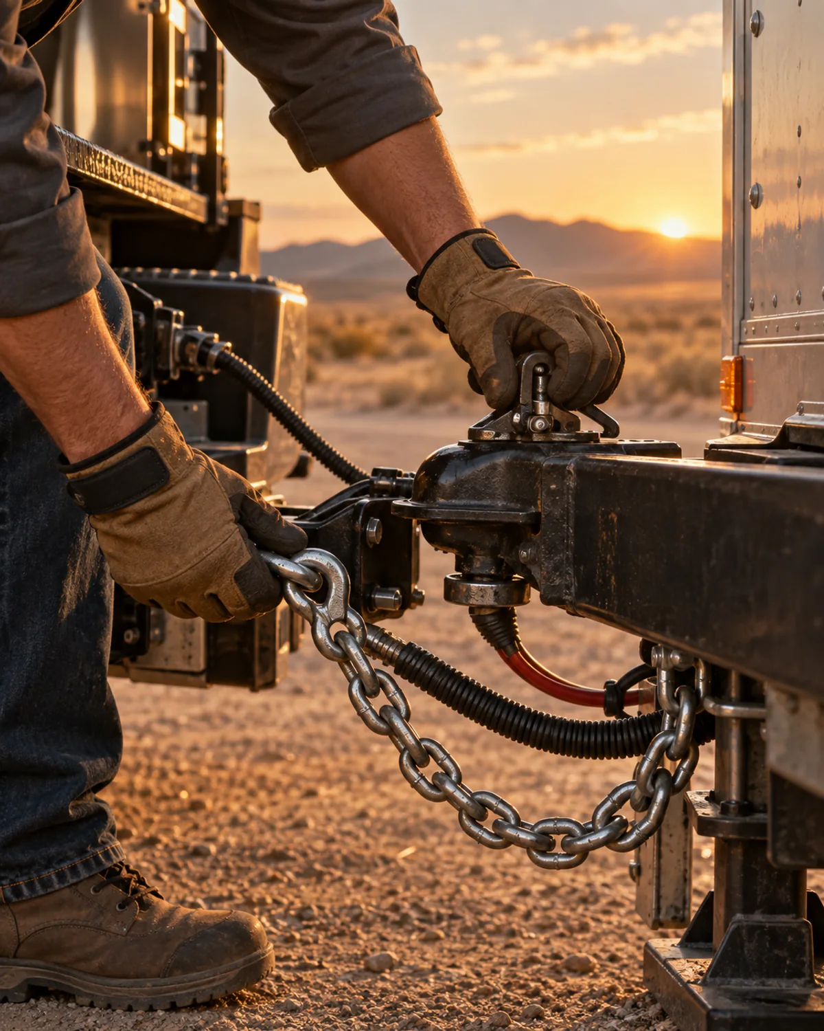 Gloved hands checking a trailer coupling and safety connections