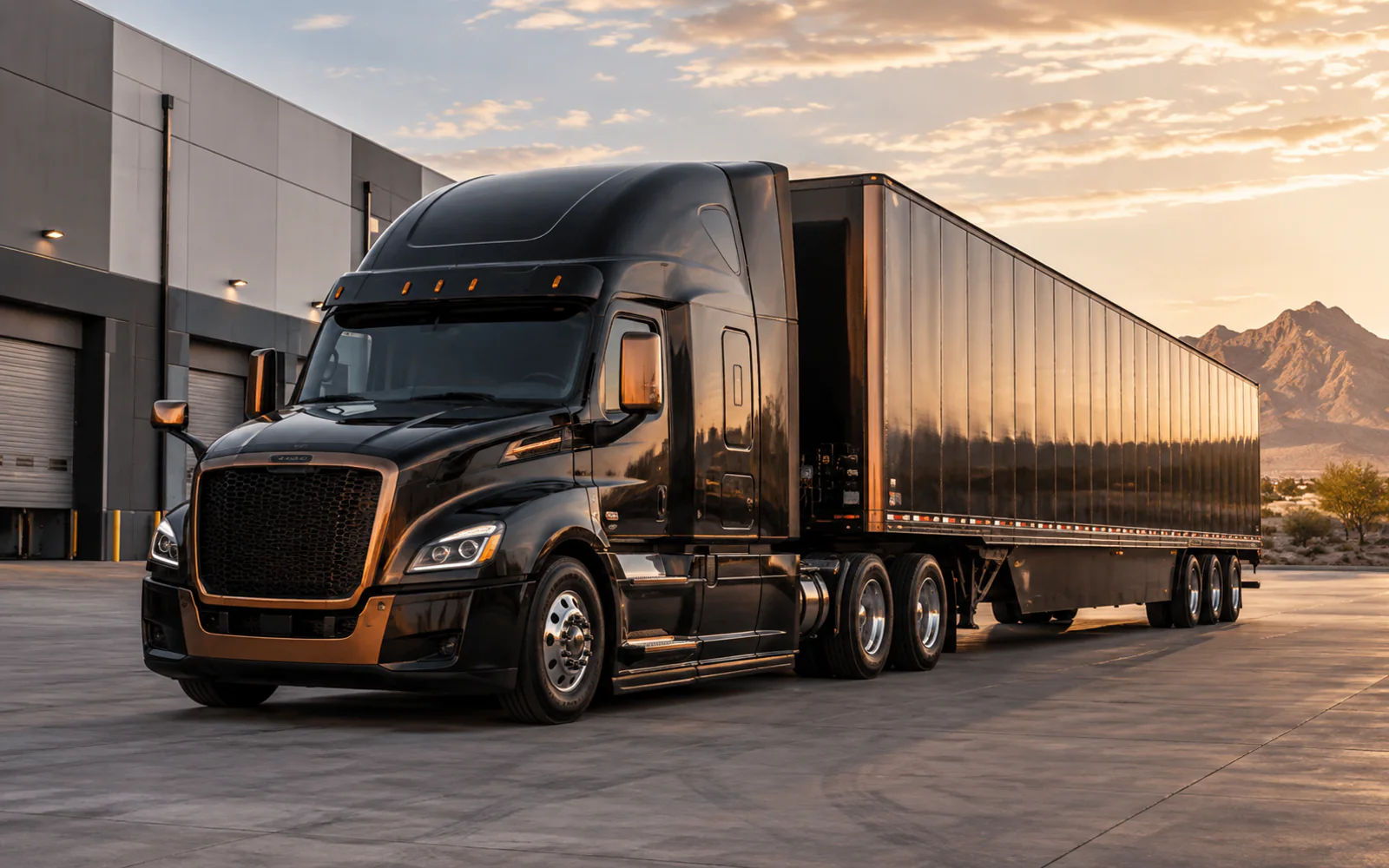 Commercial tractor and trailer equipment parked at a modern industrial facility