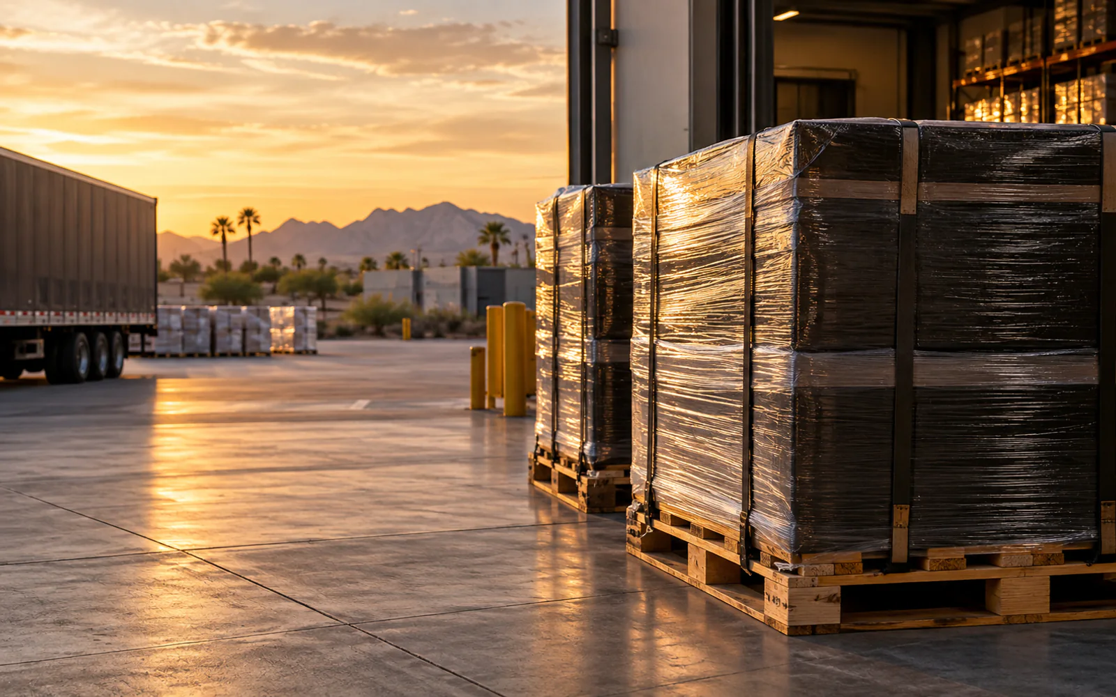 Secured commercial freight arranged at a warehouse loading dock