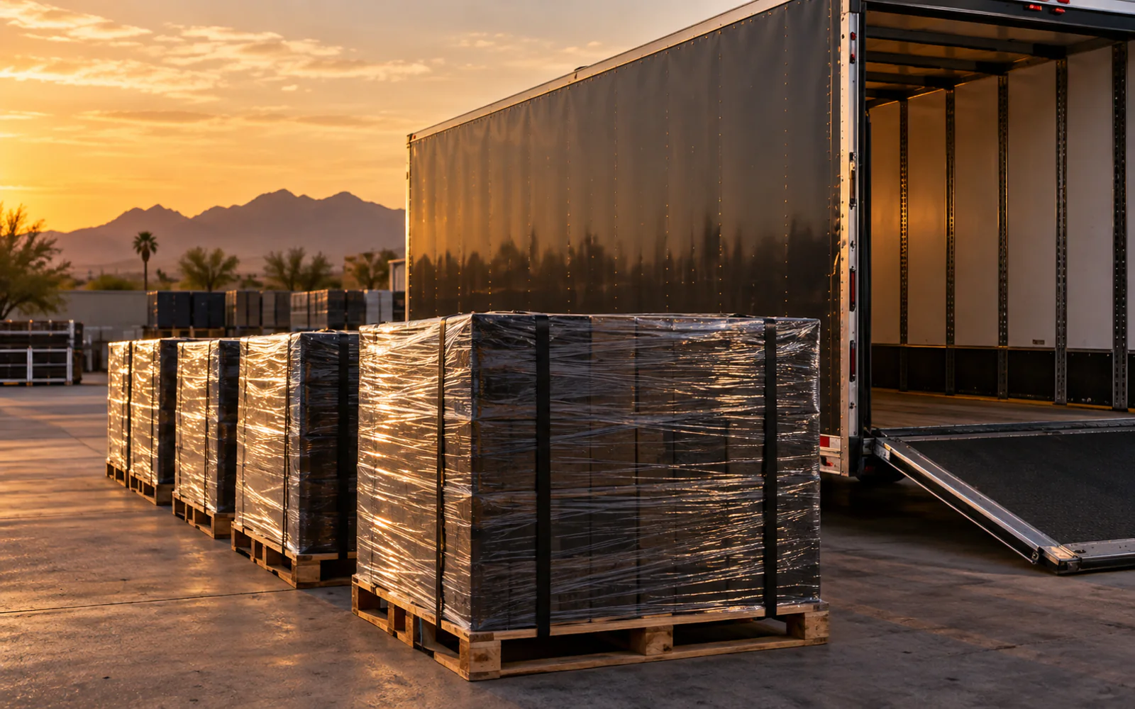 Shipping pallets lined neatly beside a dry van trailer