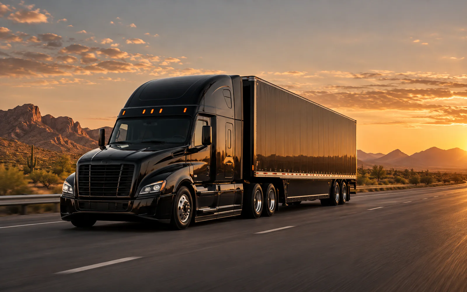Black semi-truck moving along a desert highway near Gilbert Arizona