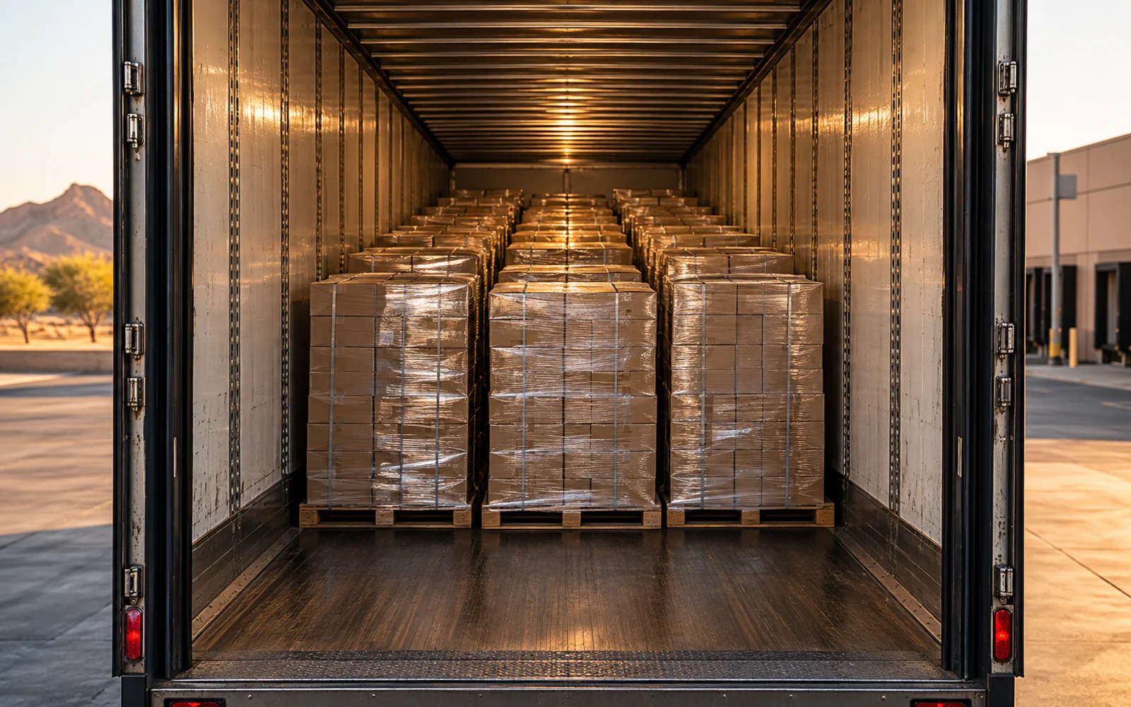 Enclosed dry van filled with orderly wrapped pallets for a full truckload