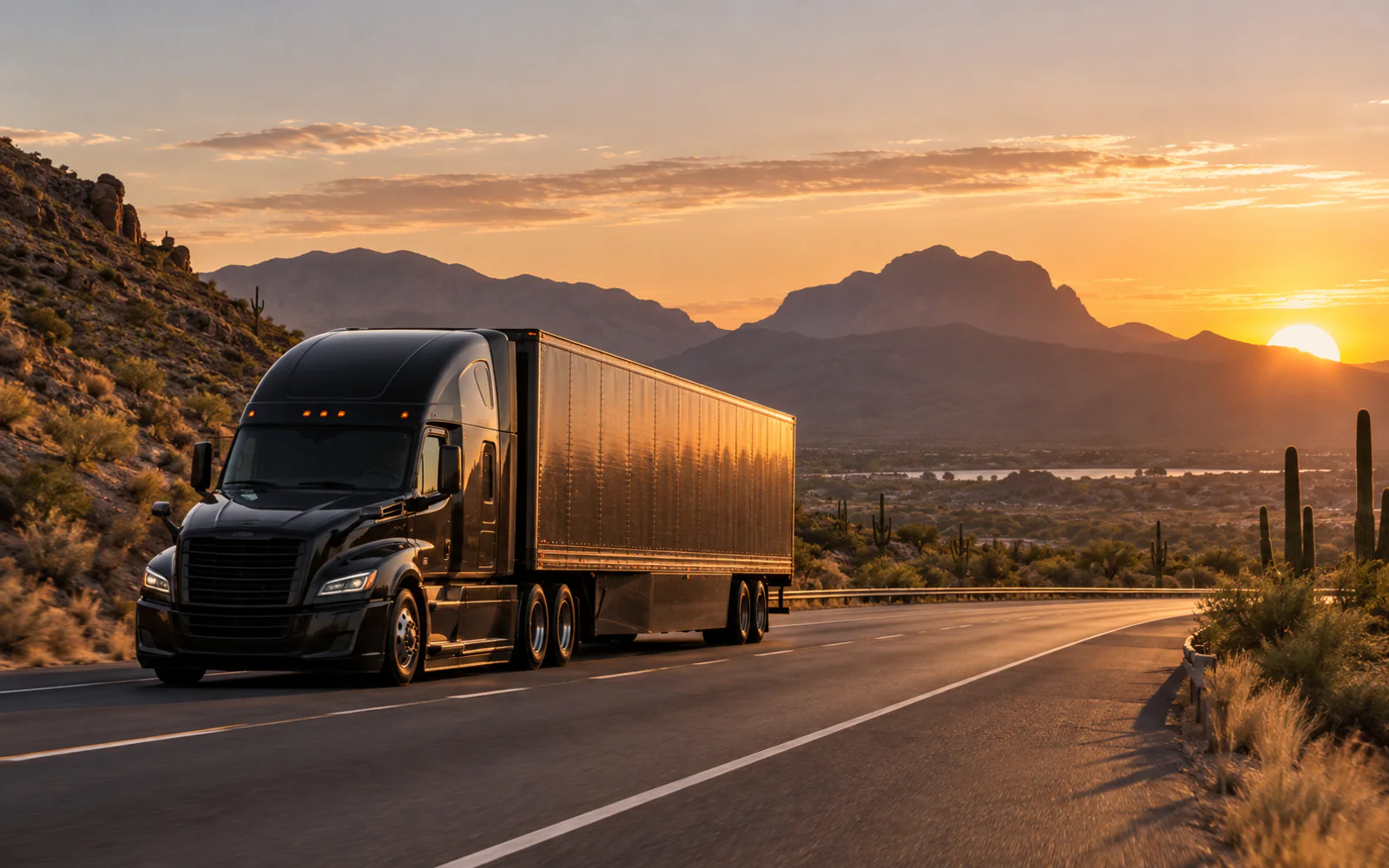 Semi-truck traveling across an open southwestern highway landscape