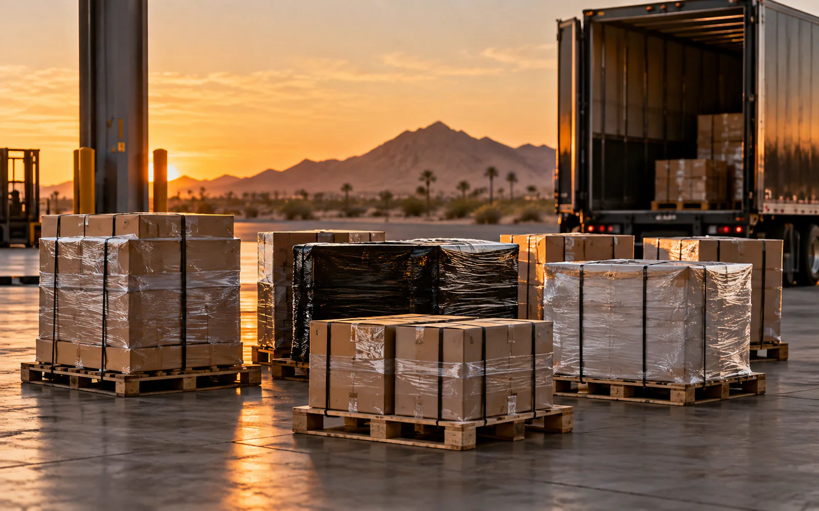 Small pallet shipments grouped for LTL consolidation at a freight terminal