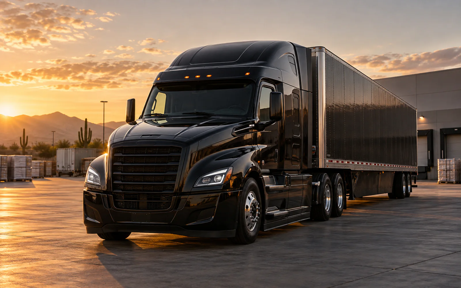 Unbranded black semi-truck at an Arizona freight yard