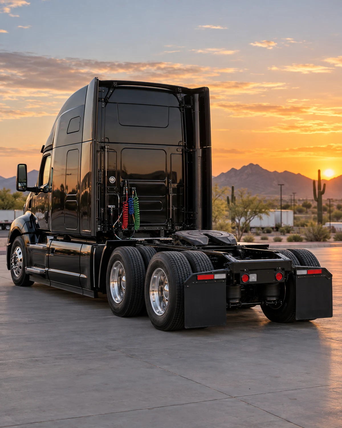 Black semi-truck tractor and fifth-wheel coupling in an Arizona freight yard at sunset