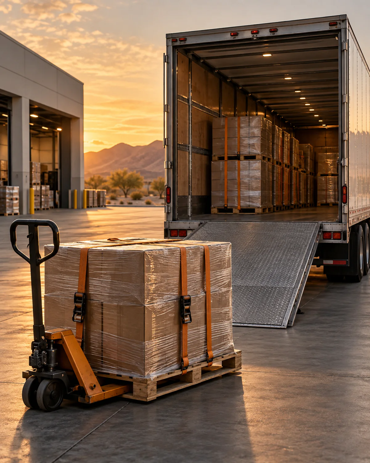 Commercial freight and cargo equipment beside an open enclosed trailer