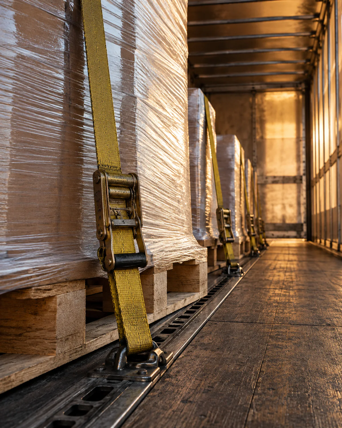 Cargo straps securing palletized freight inside a clean dry van trailer