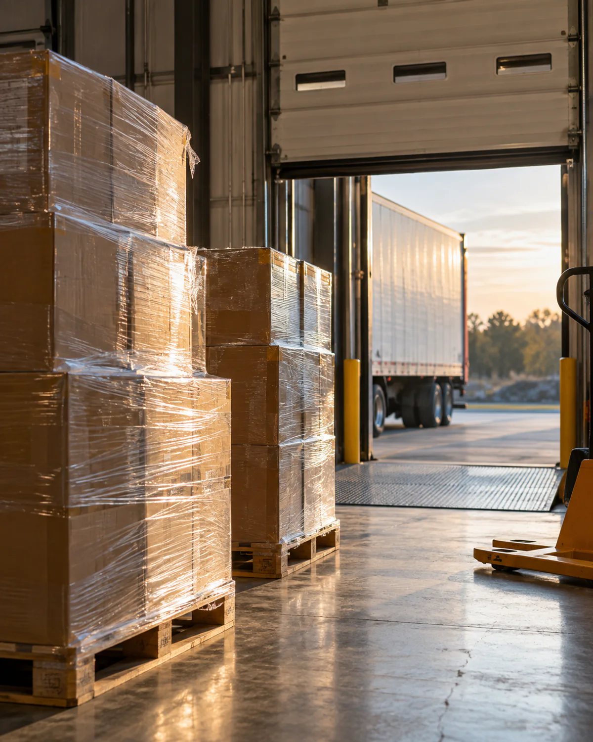Wrapped boxes on pallets prepared at a commercial dock door