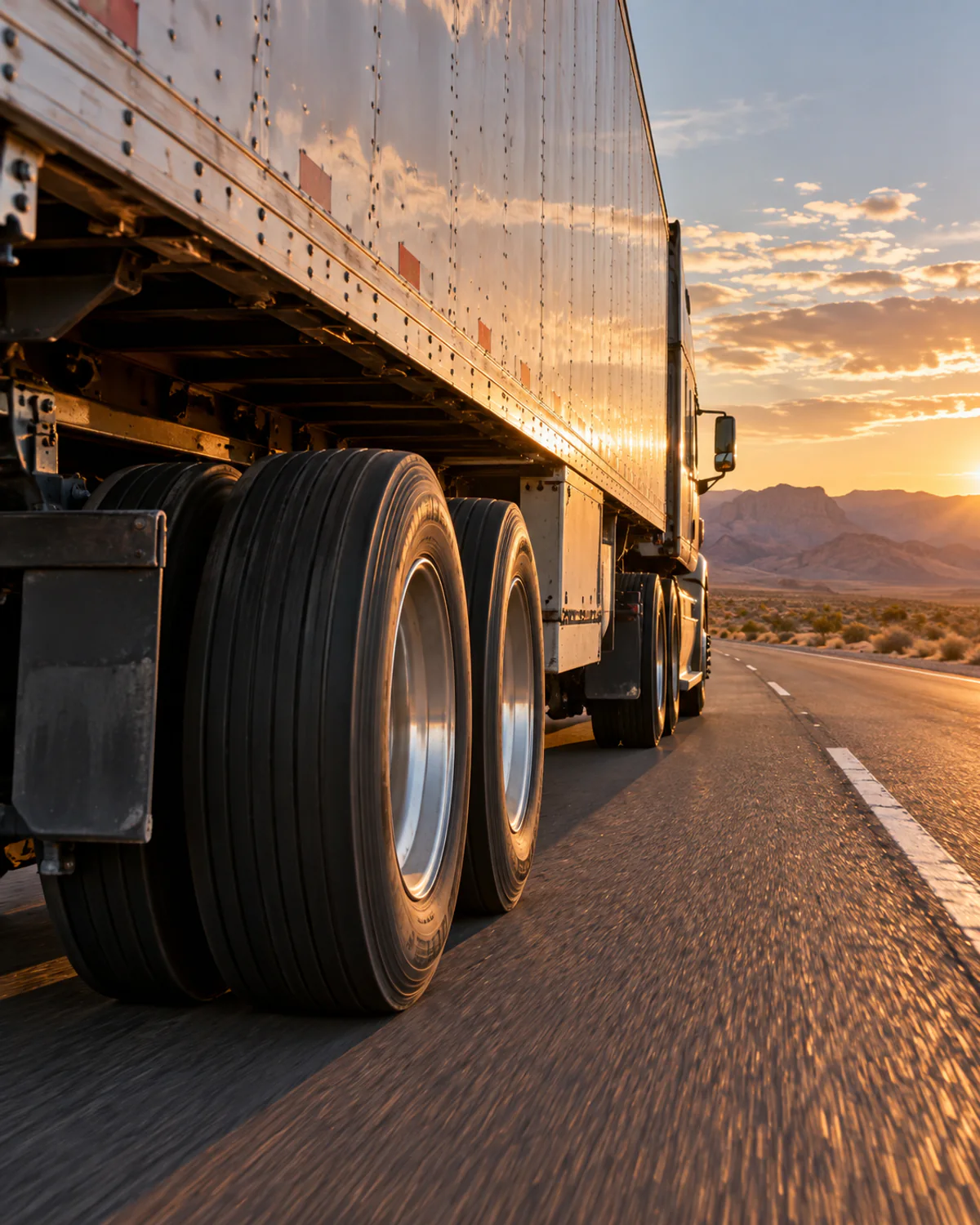 Semi-truck wheels and trailer traveling safely across desert pavement