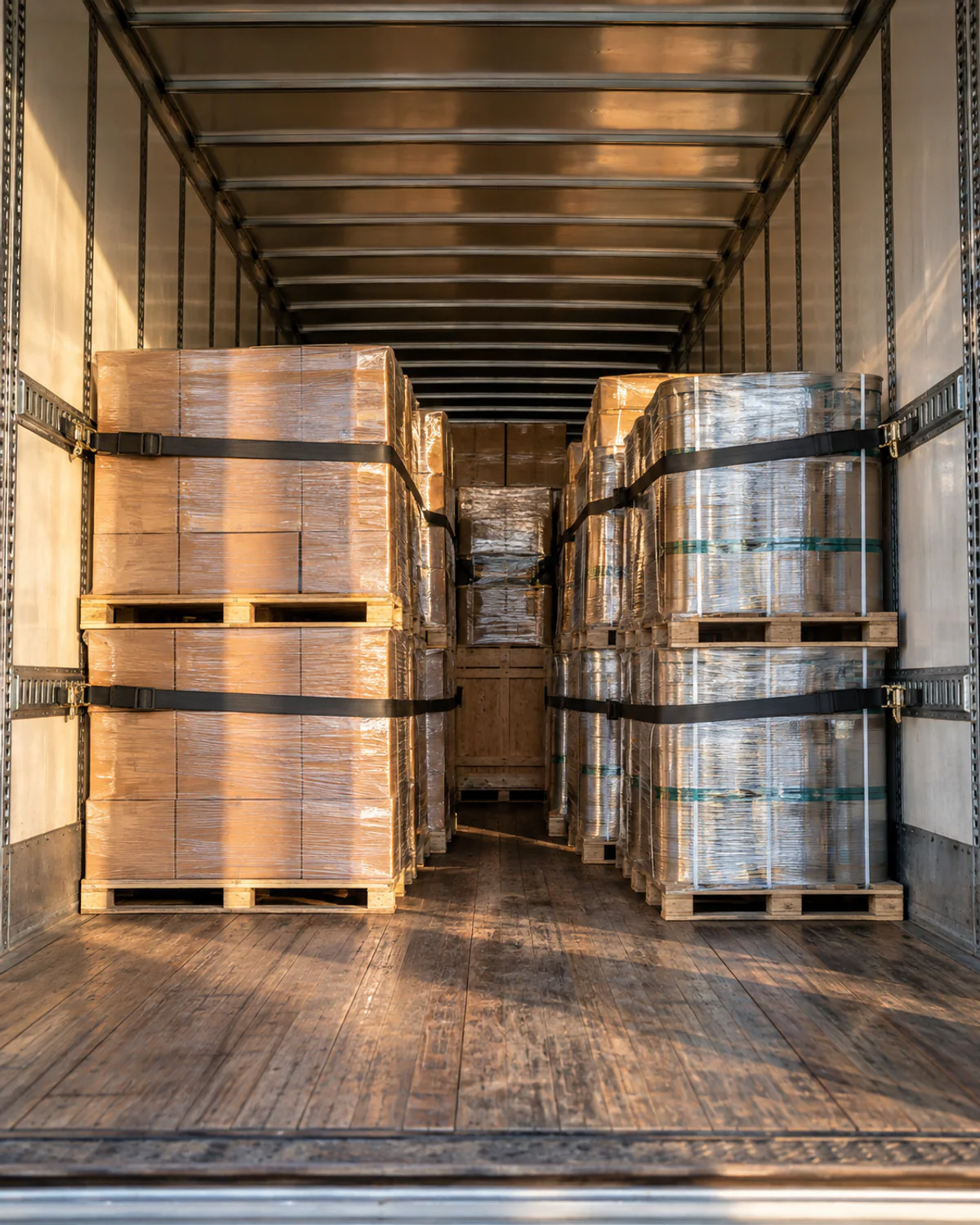 Dry van interior showing secured freight distributed through the trailer