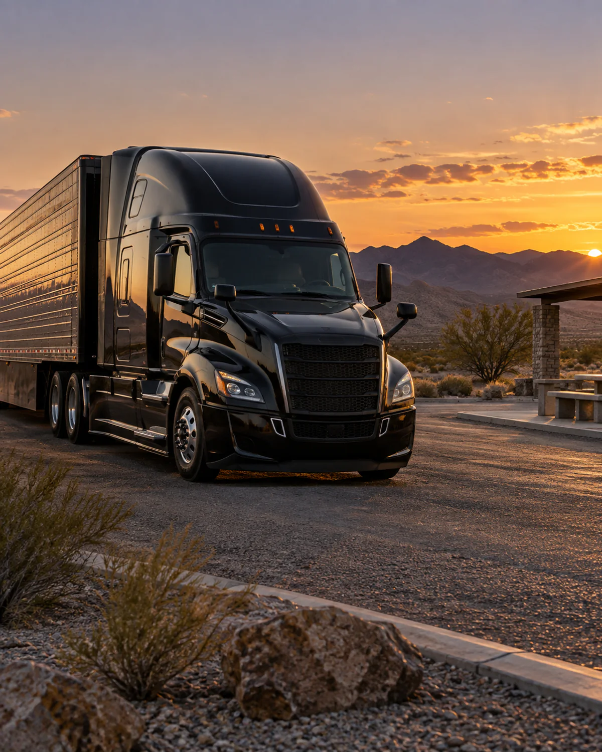 Black semi-truck parked safely at a southwestern rest area at dusk