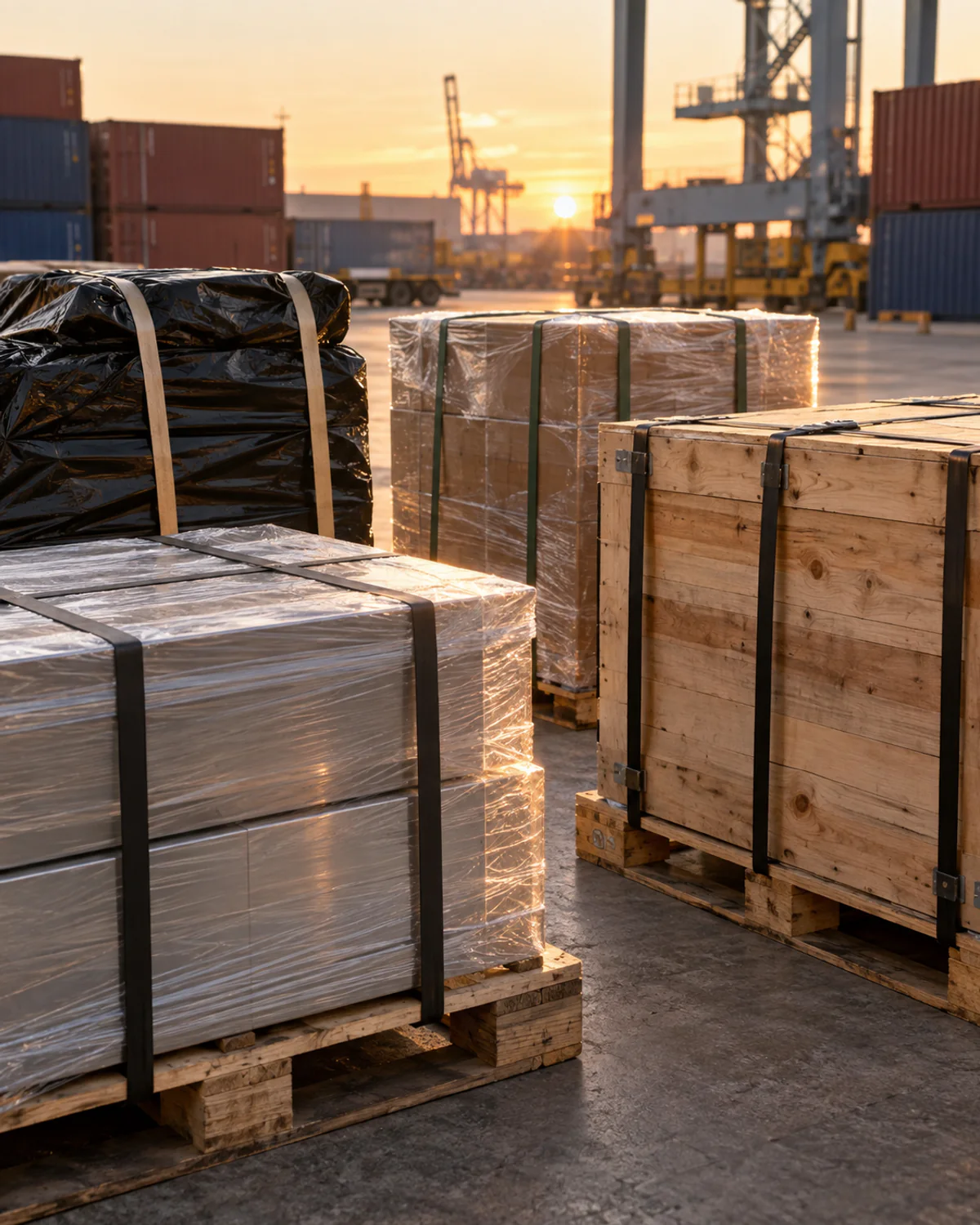 Several small pallet shipments secured with straps in a clean terminal