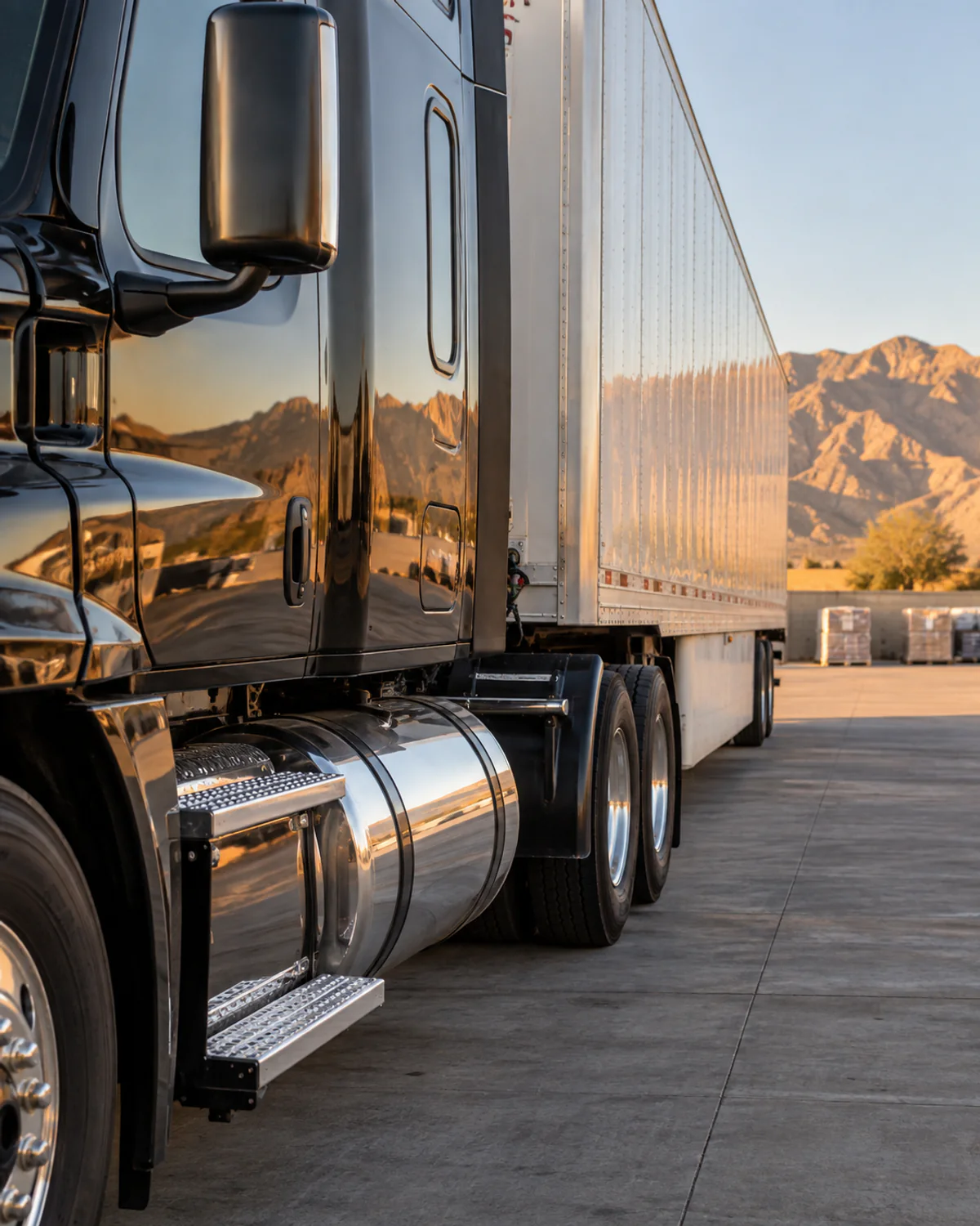 Black semi-truck cab and trailer connection at a clean Arizona yard