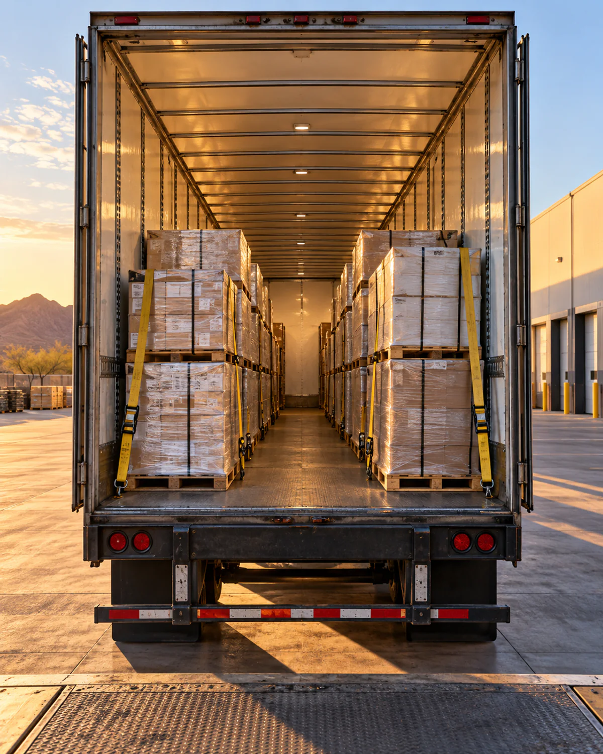 Organized palletized freight secured inside a clean enclosed trailer